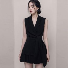 Runway Designer Women Skirt Suits Summer Black sleeveless turn down collar Vest Tops + Mini Set Vestidos 210519