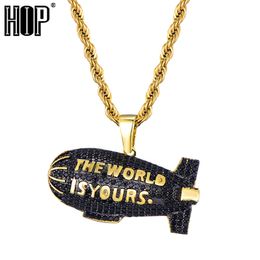 HIP Hop Gold Colour Bling Full Cubic Zirconia Iced Out THE WORLD IS YOURS Blimp Pendants & Necklaces for Men Jewellery