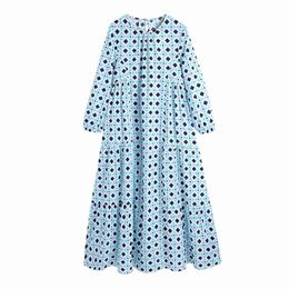 Oversize Women O Neck Straight Dress Spring-autumn Fashion Ladies Sweet Cute Loose Female Blue Print 210515