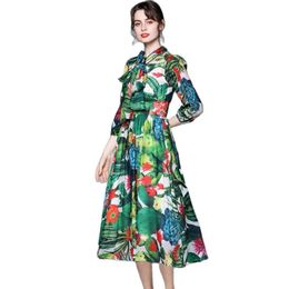 Fashion Women's Dress Bowknot Collar Chiffon Printed Long Sleeve Elegant Summer Holiday Style Skirt 210520