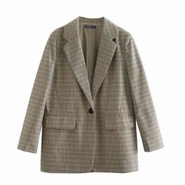 Viange Woman Loose Cotton Plaid Blazer Coat Spring Fashion Ladies Oversized Soft Jackets Female Chic Camel Outwear 210515