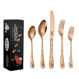 5pcset Christmas Flatware Set Gift Box Xmas Santa Forks Knives Party Dining Coffee Tea Mixing Stir Spoons Dessert Serving Cutlery Decoration kitchen gadgets tools