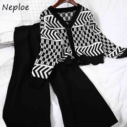 Neploe Suit Women V-neck Single Breasted Chic Print Knitted Cardigans + Straight High Waist Wide Leg Pants 2 Piece Set 210423