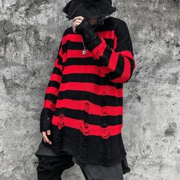XIELH Men's Autumn and Winter Black and Red Striped Sweater Loose Color Matching Long Hole Men's Pullover Couple Sweater