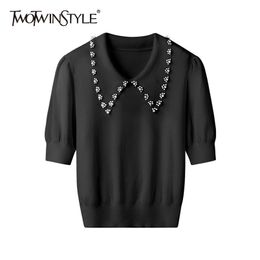 White Patchwork Diamond Sweater For Women Lapel Short Sleeve Casual Knitted Tops Female Fashion Clothing 210524