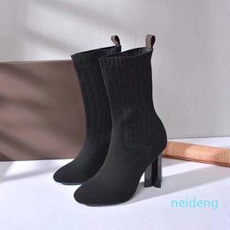 3020 Frühling Herbst gestrickte elastische Stiefel Brief dicke Absätze sexy Frau Schuhe High Heel Stiefel Mode Socken Stiefel Dame High Heels Größe 35-42