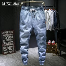 Autumn New Men's Light Blue Harem Jeans Plus Size 5XL 6XL 7XL Elastic Waist Denim Pants Male Brand Trousers 210319