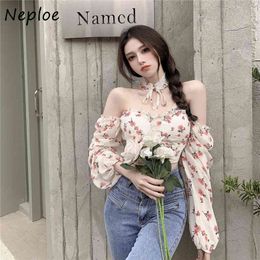 Neploe Sexy Slash Neck Shoulder Strapless Blouse Women Vintage Print Long Sleeve Slim Fit Blusas Halter Short Shirt Feminino Ol 210423