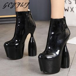 Boots Strange Heels Women Short Platform Height Increasing High Heel Ankle Patent Leather Zipper-Sid Mature Female Shoes