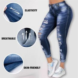 High Waist Skinny Ripped Jeans For Women Stretch Hole Pencil Pants Bleached Denim Korean Casual Trousers S-5XL Black 210720