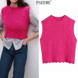 Rose Red Knitting Vest Woman Sweater Winter Cropped Sleeveless Female Rib Cable Knit Vintage Top 210519