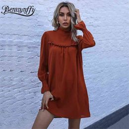 Mock Neck Frill Trim Keyhole Back Solid Loose Dresses Women Spring Summer Long Sleeve OL Female Black Mini Dress 210510