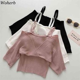 Fashion Pullover Women Fake Two-piece Strapless Short-sleeve Knitted Thin Tops Summer Korean Clothing Slim Knitwear 210519