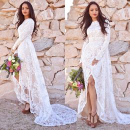 Bohemian High Low Lace Wedding Dresses Bridal Gowns A Line Long Sleeve Country Boho Beach Bride Dress Split Front Ivory And Champagne