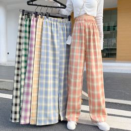 INS Cool Women Baggy Blue Pants Lady Oversized Wide Leg Plaid Slacks Harem Pants Student Autumn Purple Pink Long Flare Trousers 210319