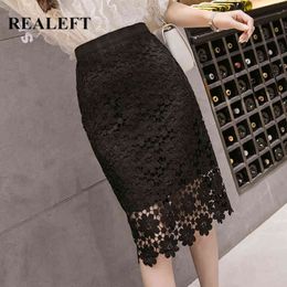 Spring Summer Elegant Women's Lace Crochet Sheath Pencil Skirts High Waist Female Wrap Sexy Office Midi 210428