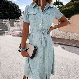 Summer Woman Casual Print Single Breasted Belt shirt Dress Fashion Elegant Ladies Short Sleeve Buttons Boho Beach Dresses 210623