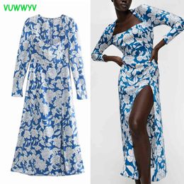 VUWWYV Retro Blue Floral Print African Dress Women Spring Elegant Evening Party Midi Long Sleeve Side Slit Vestido 210430