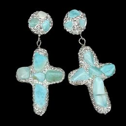 YYGEM Natural Blue Larimar Silver Colour Crystal Pave Crucifix Cross Stud Earrings