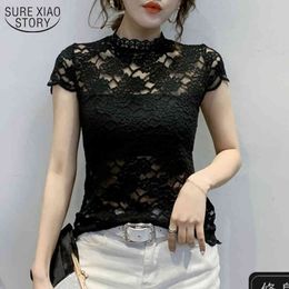 Hollow Lace Blouse Bottoming Shirts Turtleneck Sexy Short Sleeve Crochet Flower Out Blusas Women Tops and Blouses10264 210508