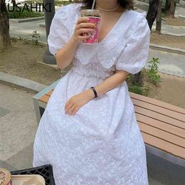 Woman Dress Korean Elegant Peter Pan Collar Embroidery Pleated Loose High Waist Puff Sleeve Dresses Female 6H920 210603