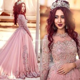 2022 Arabic Dubai Luxury Quinceanera Dresses Handmade Beaded Lace Appliques Tulle Vestidos De 15 Años Jewel Long Sleeves Bride Formal Occasion Ball Gown Prom Dress