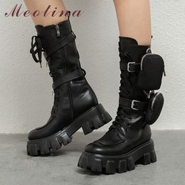 Meotina Buckle Real Leather Platform High Heel Motorcycle Boots Women Shoes Zip Lace Up Thick Heels Mid Calf Boots Lady Black 40 210520