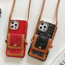 Sparkle Glitter Bling Diamond Casos Carteira Cartão Cartão Cartão de Moeda Bolsa Crossbody Neck Strap para iPhone 13 12 11 Pro Max XR XS x 8 Plus Samsung S20 Fe S21 Ultra A12 A32 A42 A52 A72