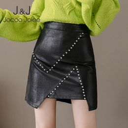 Jocoo Jolee Autumn High Waist Fake Leather Irregular Short A Line Office Lady Elegant Rivet PU Leather Skirts Sexy Mini Skirts 210518