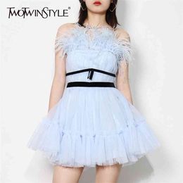 Blue Patchwork Feather Dress For Women Strapless Sleeveless High Waist Elegant Dresses Female Style Fashion 210520