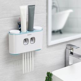 Automatic Toothpaste Dispenser Toothpaste Squeezer Wall Mount Toothbrush Holder Storage Rack with Cups Bathroom Accessories Set 210322