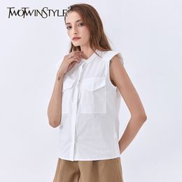 Casual White Blouse For Women Stand Collar Sleeveless Solid Minimalist Shirt Female Summer Fashion 210524