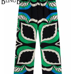 SheBlingBling ZA Casual Beach Loose Pants Lightweight Drawstring Elastic High Waist Women Ankle Length Green Print Straight Pant 210925