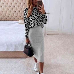 Fashion Leopard Print women Suit Elegant Office Ladies Top + Pencil Skirt Two-piece Outfit Casual Autumn Winter Warm set 211119