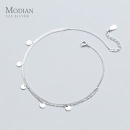 Modian Simple Double Layer Link Chain for Women Real 925 Sterling Silver Geometric Sequins Anklet Fashion Fine Jewellery