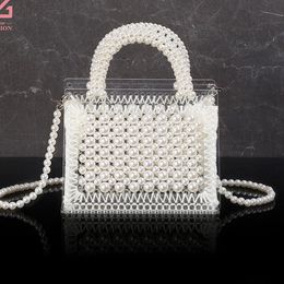 Clear Color Pearl Women Bags With Beading Hollow Out Style Evening Bags For Bucket Design Handbags Purse