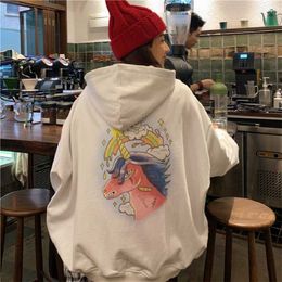 Autumn women's long-sleeved jacket ins Harajuku funny BF cartoon unicorn print fashion loose casual hooded sweatshirt 210608