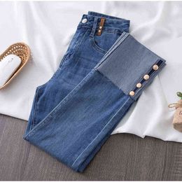 Harajuku Buttons Patchwork Stretch Skinny Jeans for Women XXL High Waist High Stretchy Distressed Pencil Capris Blue Denim Pant Y220311