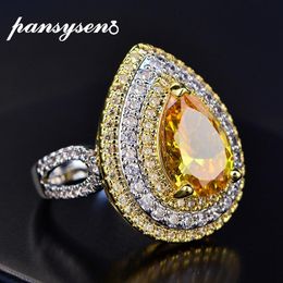 Cluster Rings PANSYSEN Luxury Water Drop Yellow Citrine For Women Real 925 Sterling Silver Jewelry Wedding Party Ring Wholesale Gifts