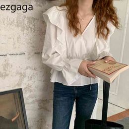 Ezgaga Elegant Blouse Women V-Neck Ruffles White Shirts Korean Chic Spring All-Match Solid Loose Bandage Shrits Fashion 210430