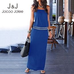 Jocoo Jolee Casual Elastic Waist Slim Ankle-length Dress Women Boho Off Shouldeer Strapless Solid Long Dress Beach Party Dresses 210518