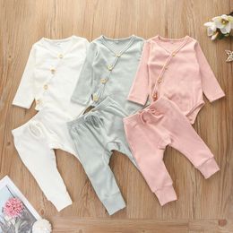 Clothing Sets Born Baby Boys Girls Solid Button Bodysuit +Pants Infant Winter Cotton Outfit Autumn Children Clothes 6 12 18M
