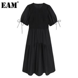 [EAM] Women Black Casual Lace Bow Pleated Dress Round Neck Puff Half Sleeve Loose Fashion Spring Summer 1DD7801 21512