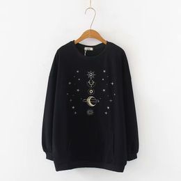 Black White Gray Embroidery Moon Star Sweatshirts Pullovers Casual Think Fleece H0064 210514