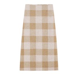 Khaki Green White Plaid Pencil Skirt Midi Calf Empire Winter Elegant Vintage Retro S0105 210514