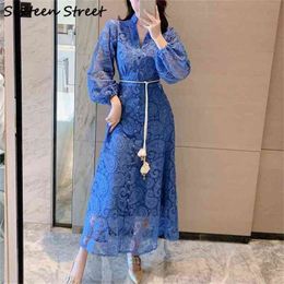 Runway Vestidos Blue Lace Sashes Woman's Dress V-neck Elegant Long Puff Sleeve Luxury Button Female Spring Clothing 210603