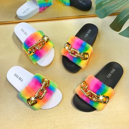 ST-FLOR womens Slipper 2021 Summer European American casual fashion rainbow fur chain word sandals women wear slippers