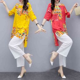 2020 Summer New Women's Two-piece Printed Set Loose Shirt and White Pants Fashion Casual Large Size Wide-leg Pants Suit X0428