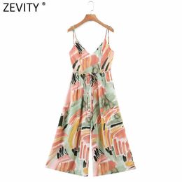 Zevity Women Sexy Backless Graffiti Print Wide Leg Calf Length Jumpsuits Chic Ladies Spaghetti Strap Casual Summer Rompers P1097 210603