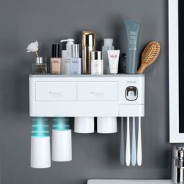 Electric Toothbrush Stand Holder Wall Toothpaste Dispenser Suction with Magnetic Cup Bathroom Bath Organiser Storage Rack Bath 210322